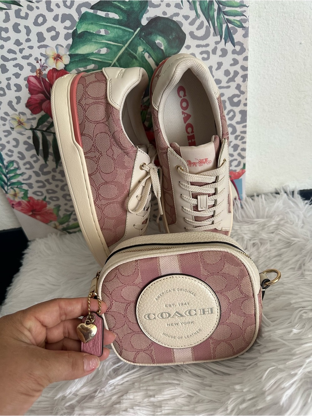 Coach Pink and Cream Signature Canvas Sneakers with Mini Crossbody